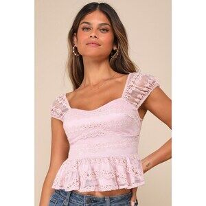 NWT Lulus Typically Charming Dusty Rose Mesh Lace Floral Cap Sleeve Top Pink